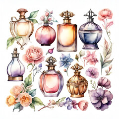 Perfume bottles with flowers watercolor illustrations set. Beauty fashion collection isolated on white background