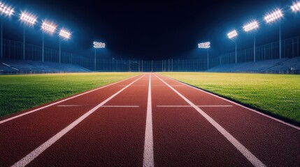 A track and field stadium with synthetic turf, outdoor setting under stadium lights, Dramatic style