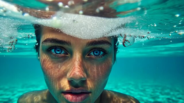 A woman's eyes peer up from beneath the water's surface