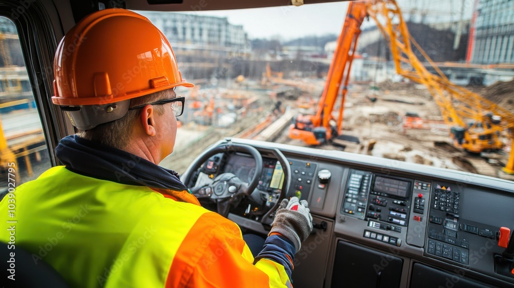 Poster a crane operator in a high-visibility jacket and hard hat, sitting in the cab of a crane, with a pan