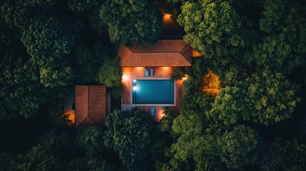 Aerial View of House with Pool Surrounded by Trees