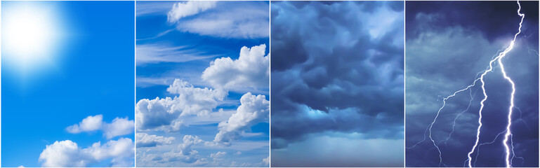 Sky in different weather. Different climate. Blue heaven on sunny day. Sky in cloudy weather....