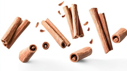   A stack of cinnamon sticks is placed atop a pile of cinnamon on a white background