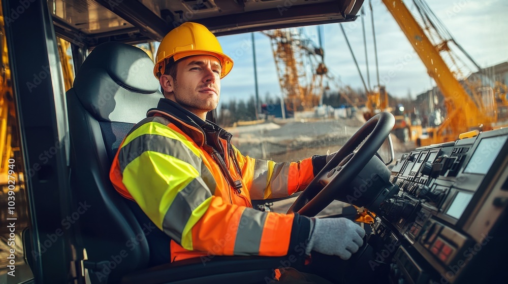Poster a crane operator in a high-visibility jacket and hard hat, sitting in the cab of a crane, with a pan