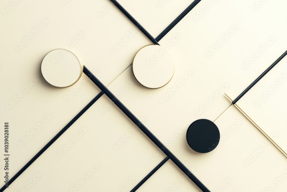 Leinwandbilder Black diagonal lines intertwine with circles of various sizes against a light backdrop, creating a strikingly minimalistic aesthetic. Generative AI