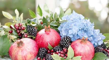   A macro shot of red pomegranates, purple berries, and blue hydrangeas on a plain white table