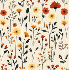 floral vector repeating pattern wildflowers in autumn colors on a cream background