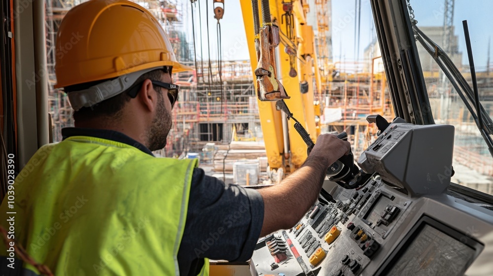 Aufkleber A crane operator in a high-visibility vest and hard hat, adjusting the crane鈥檚 controls with visible construction materials and rigging in the background, Construction site scene