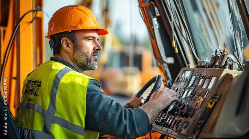 Aufkleber A crane operator in a high-visibility vest and hard hat, adjusting the crane鈥檚 controls with visible construction materials and rigging in the background, Construction site scene