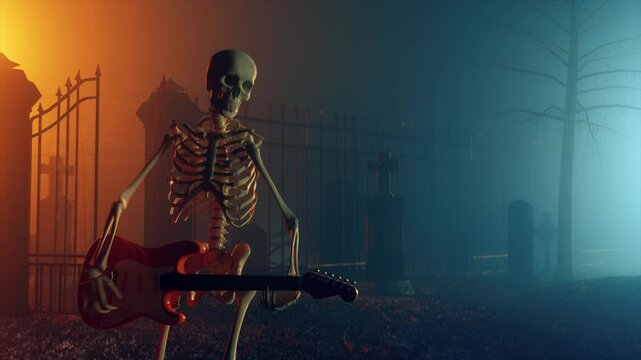 Looped a skeleton playing a rock guitar. 3D animation.