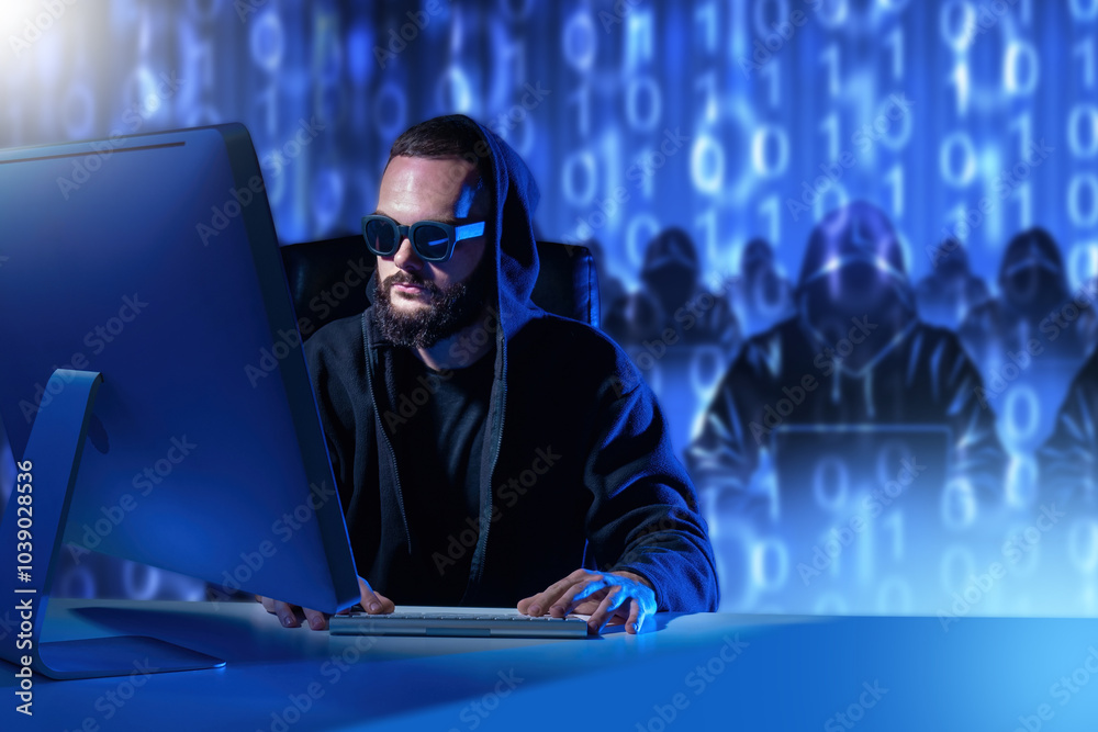 Poster man hacker works sitting at computer. guy hacks website. hacker in hood and sunglasses. man cybercri
