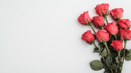 A bouquet of vibrant red roses elegantly arranged against a light background, symbolizing love and beauty.