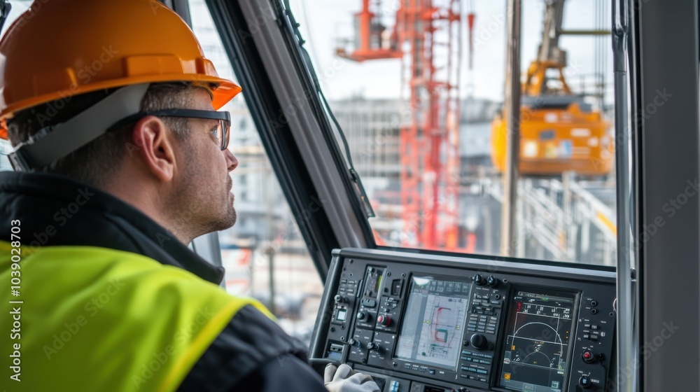 Poster A crane operator in a high-visibility vest and hard hat, looking through the crane鈥檚 window with visible controls and lifting equipment in the background, Construction site scene