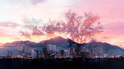 Fototapeta premium A vibrant city skyline merges with a surreal tree silhouette under a colorful sunset, symbolizing nature and urbanization coexisting harmoniously.