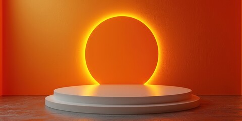 White Platform with Glowing Orange Circle on Orange Wall