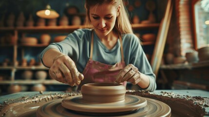 A woman working on a pottery wheel, shaping clay