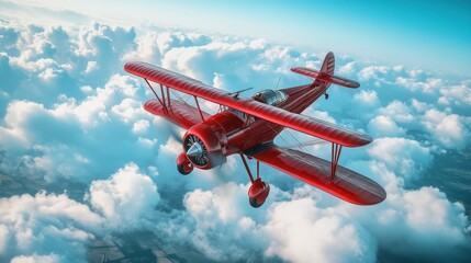 Bright red biplane soaring through fluffy clouds during a clear blue sky