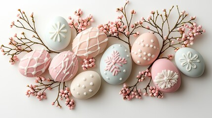 Decorative pastel Easter eggs arranged with delicate flowers, creating a soft and festive spring ambiance.