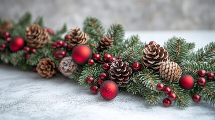Christmas Border frame Garland of fir branches, cones and red Christmas  baubles and decorations against white background