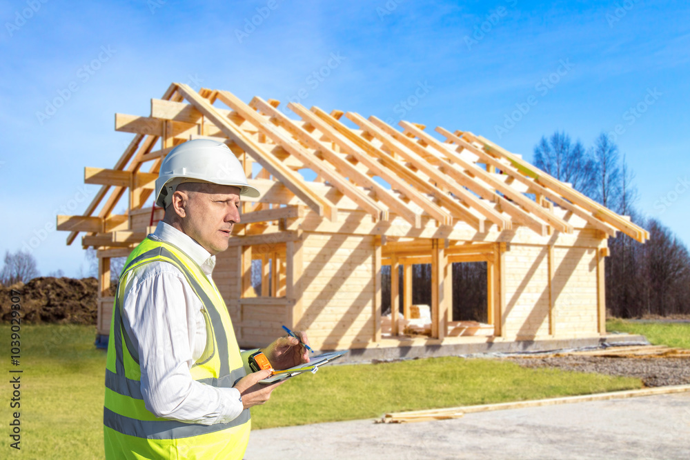 Wall mural man builder. construction wooden frame houses. architect near unfinished timber building. foreman co