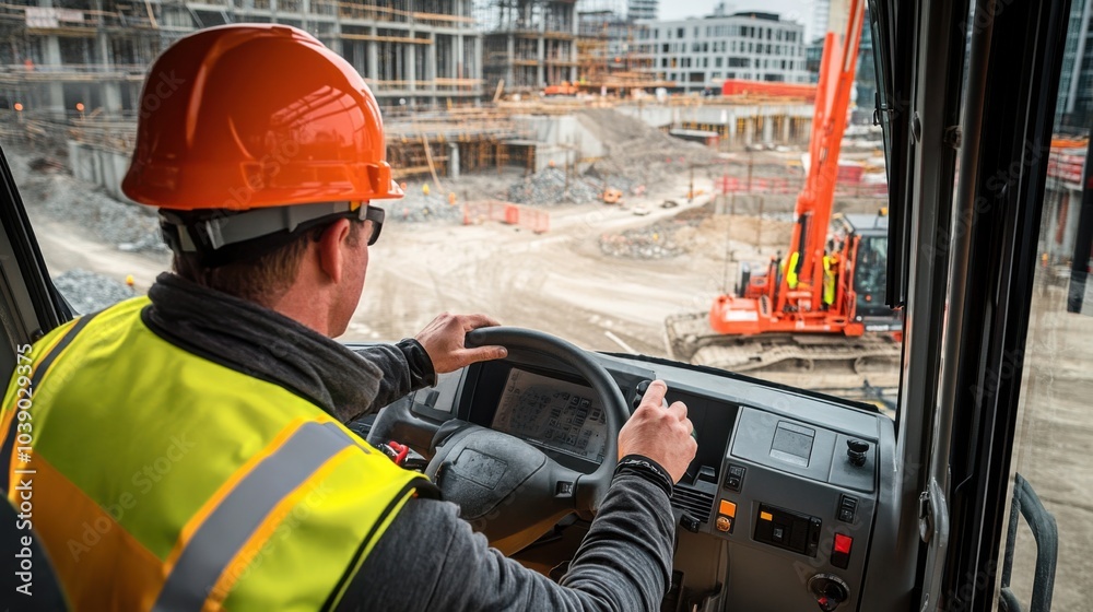 Poster A crane operator in a high-visibility vest and helmet, adjusting crane controls with a clear view of the construction site through the cab鈥檚 window, Construction site scene