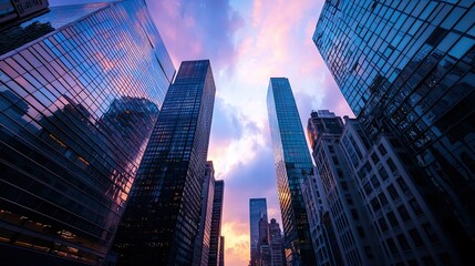 A vibrant sunset casts colorful hues between towering skyscrapers, highlighting modern urban architecture and dynamic city life.