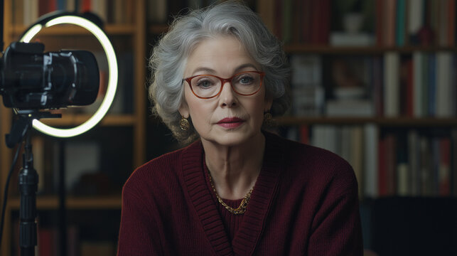 Elderly woman recording video in home library &ndash; content creation with hard lighting and high contrast in a cozy intellectual space.