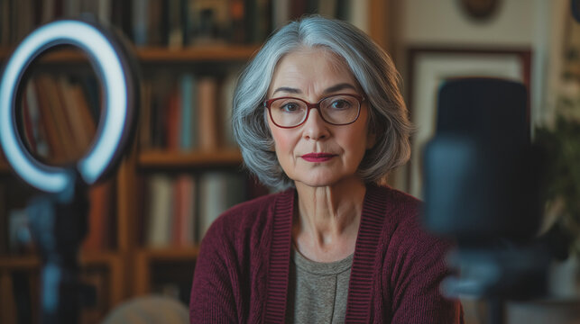 Elderly woman recording video in home library &ndash; content creation with hard lighting and high contrast in a cozy intellectual space.