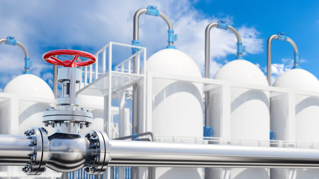 Exterior of factory on summer day. Steel gas pipe. Plant with high pressure tanks. Oil or gas storage. Factory with tanks and pipeline. Storage of cryogenic liquids. Fuel, petroleum. 3d image