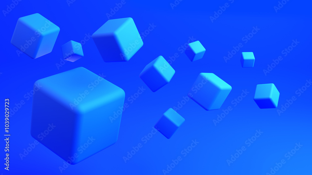 Poster blue background. simple backdrop with cubes floating in air. blue background for design. texture on 