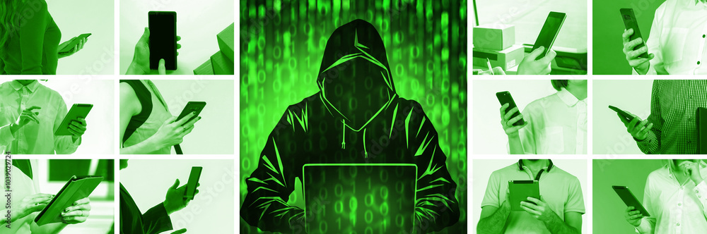Poster hacker attacks smartphones. silhouette of computer criminal. hands with gadgets around hacker. hacki