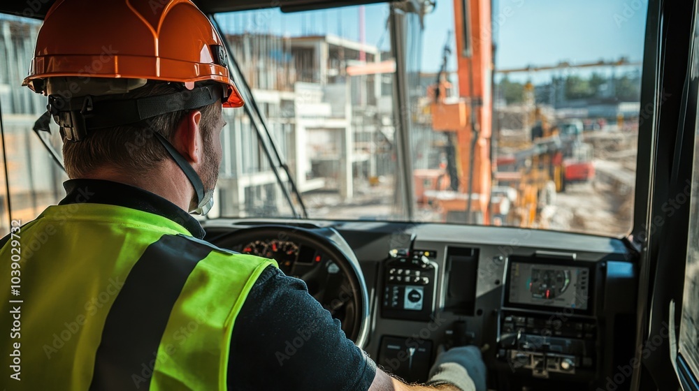 Poster A crane operator in a high-visibility vest and helmet, adjusting crane controls with a detailed view of the construction site from inside the cab, Construction site scene