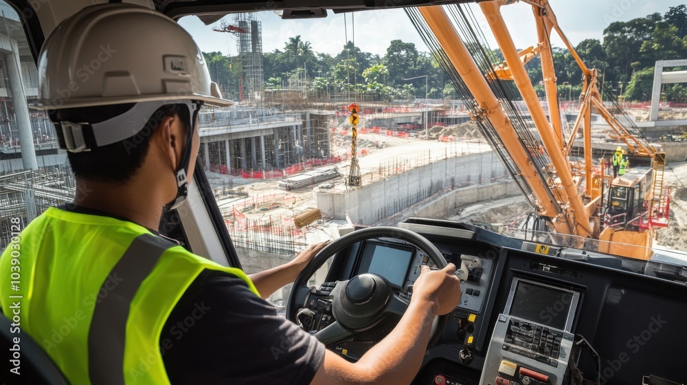 Aufkleber a crane operator in a high-visibility vest and helmet, adjusting crane controls with a detailed view