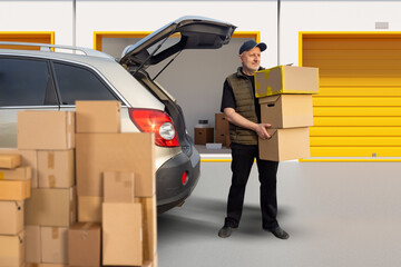 Man brought boxes to storage unit. Loader unloads car while standing near warehouse. Guy picks up...