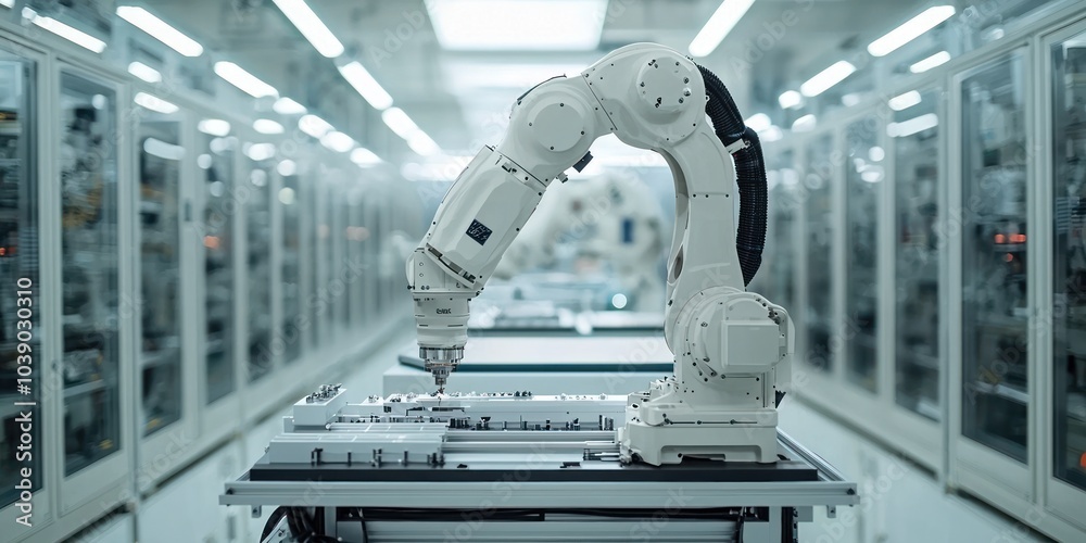 Poster Robotic Arm Assembling Components in a Modern Factory