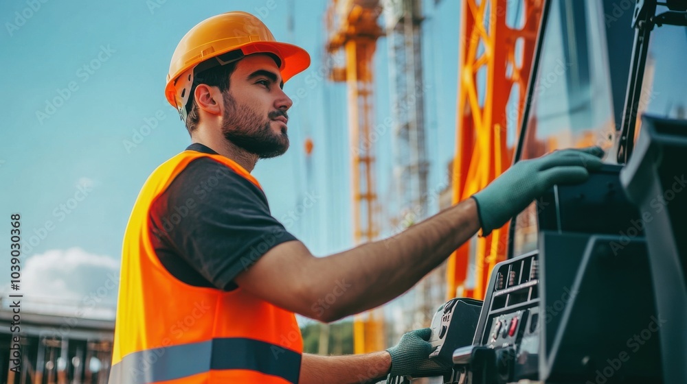 Aufkleber A crane operator in a high-visibility vest and helmet, adjusting crane controls with a panoramic view of the construction site visible from the cab, Construction site scene