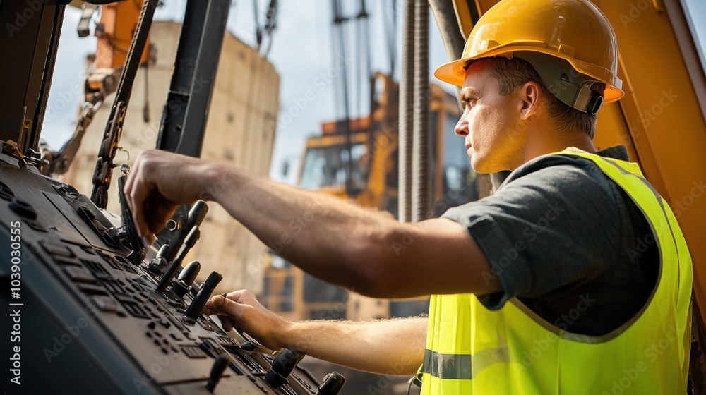 Poster A crane operator in a high-visibility vest and helmet, adjusting crane controls with a visible load being lifted in the background, Construction site scene