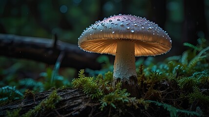 Fototapeta premium A beautifully illuminated mushroom stands off a shaded log adorned with droplets of rain while surrounded by lush green ferns in a serene forest