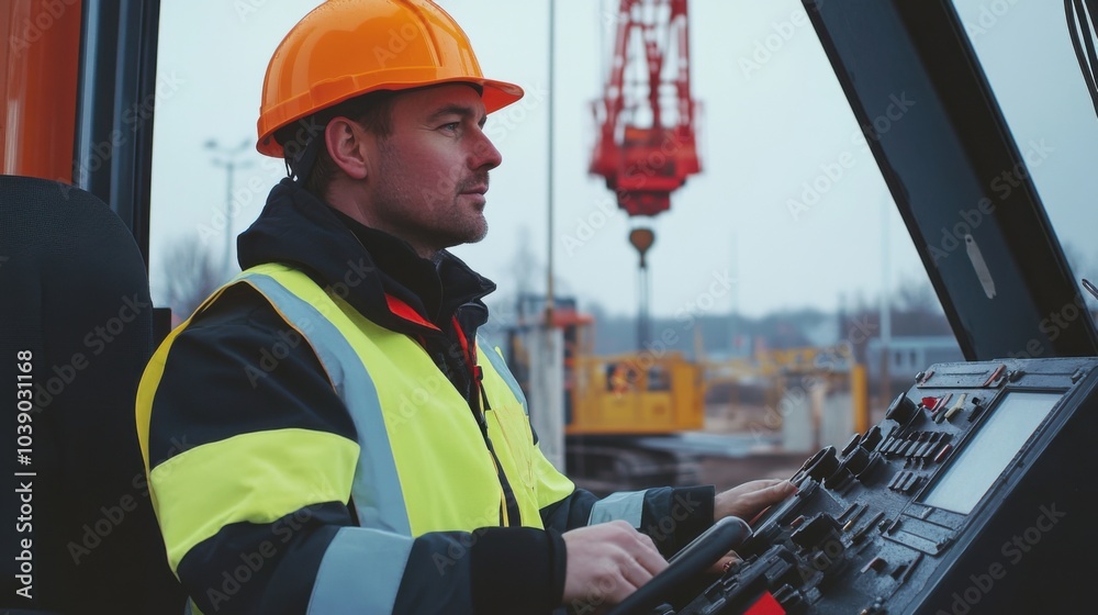 Poster a crane operator in a high-visibility vest and helmet, adjusting crane levers with a view of the con