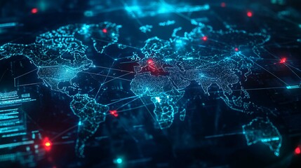 Obraz premium A Digital World Map with Connections and Red Highlights