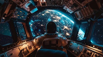 An astronaut inside a space capsule, looking out at the stars