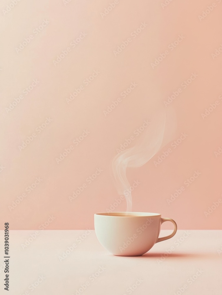 Poster a warm cup of tea sits on a minimalist surface, releasing smooth steam into the air, creating a calm