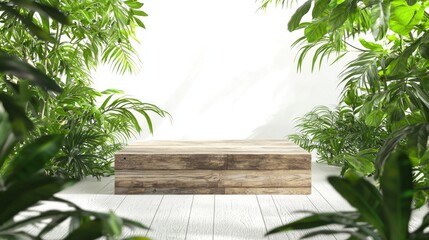 Obraz premium Elegant Reclaimed Wood Podium with Indoor Plants in Stylish Workspace, Cinematic Light Ambiance