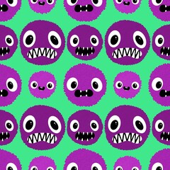 Cartoon circle monsters with teeth seamless Halloween animals pattern