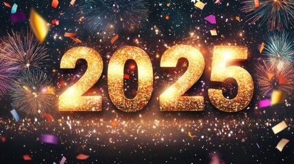 Bright New Year's Celebration with 2025 in Vibrant Fireworks and Confetti Explosions