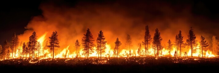 Fototapeta premium Intense wildfire raging across forest landscape during nighttime in a remote area