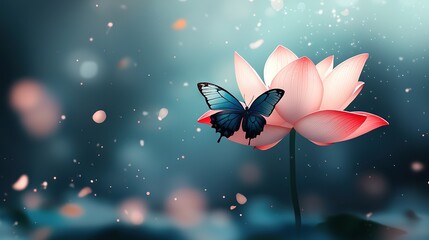   A butterfly rests on a crimson blossom amidst a deep navy backdrop while snowflakes descend from above