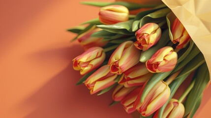 Obraz premium Vibrant tulip bouquet wrapped in paper on orange background for spring floral design and celebration themes