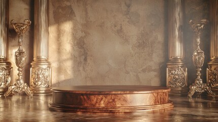 Elegant Mahogany Podium Luxury Mockup with Antique Decor in Classic Setting, Cinematic Light