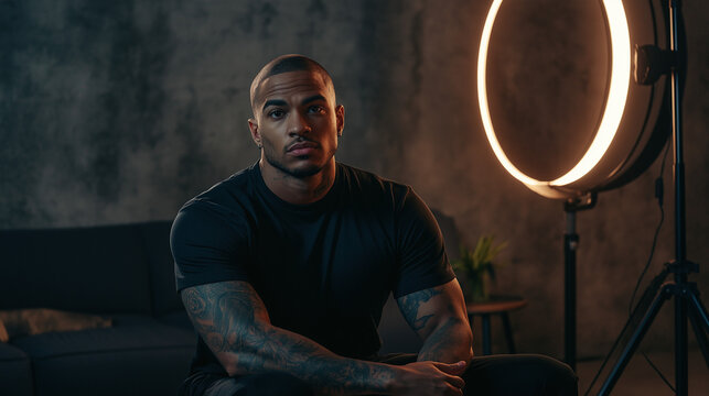 Tattooed man recording with ring light in urban loft &ndash; high contrast content creation with hard lighting and modern industrial decor.